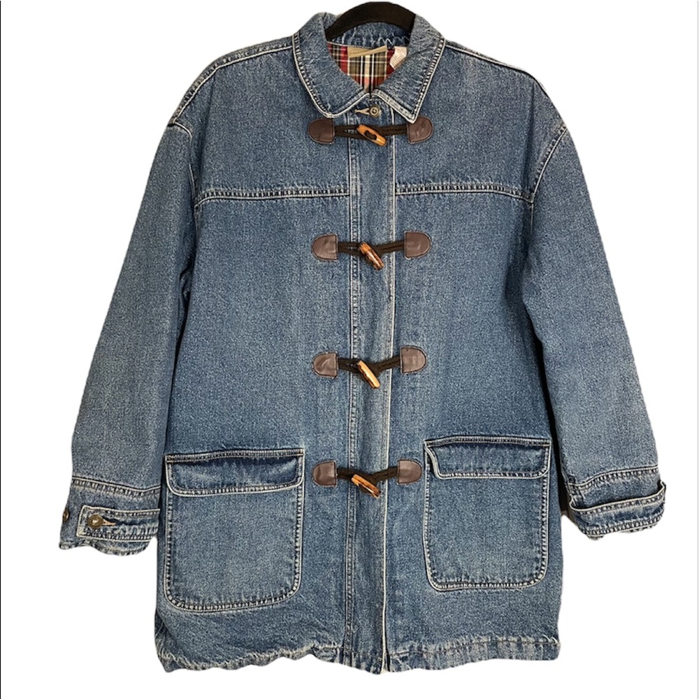 Vintage Liz Claiborne Toggle Heavy Plaid Lined 100% Cotton Jean Jacket Coat Sz M - Picture 7 of 16